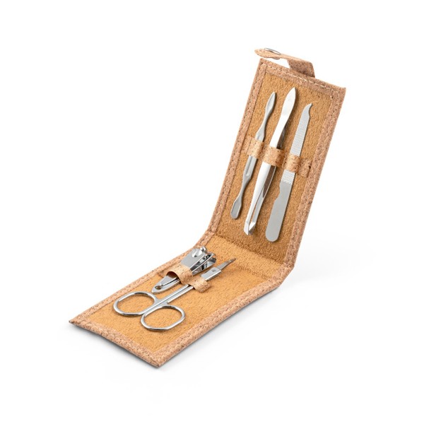 PS - ZENA. Stainless steel manicure set in cork pouch