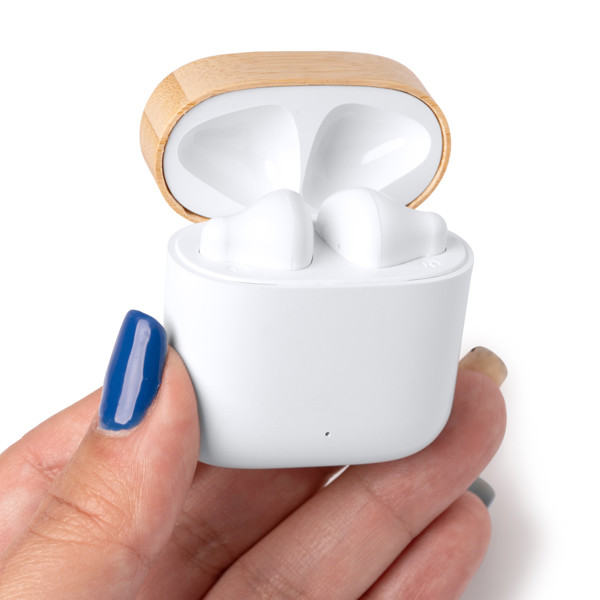 Custom wireless earbuds Bluetooth 5.3 with recycled material and bamboo charging case