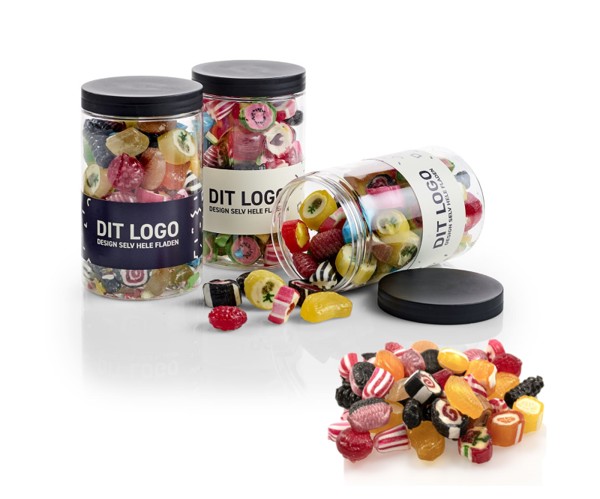 Rund bøtte med egen logolabel i 1-4 farver, XXLarge - Rabarber bolsje mix / Styk
