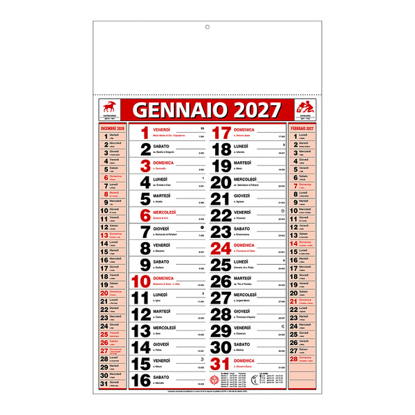 Calendario 2027 Da Muro Mensile Bicolore, 12 Fogli, Su Carta Patinata, Termosaldato - Rosso