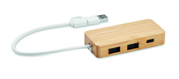 Hubbam bamboo USB hub, 3 vhodi, 20 cm kabel