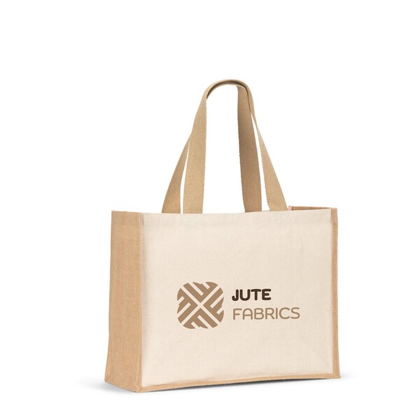 HELSINQUE. Platnena torba (320 g/m²) s dnom i bočnim dijelovima od laminirane jute (350 g/m²) u prirodnim tonovima