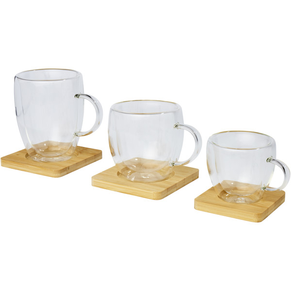 Tasse 2 pièces Manti de 350 ml à double paroi en verre avec sous-verre en bambou