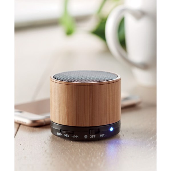 Okrogel Bamboo brezžični zvočnik 3W, 450 mAh - Bela