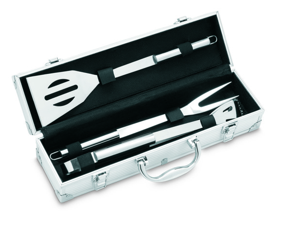 3 BBQ tools in aluminium case Asador
