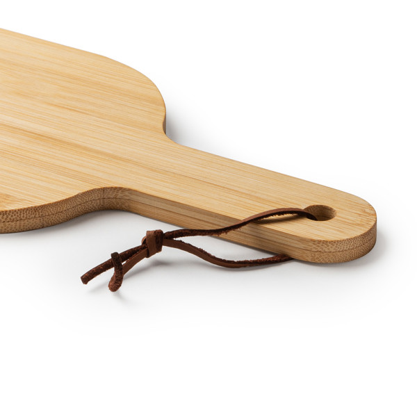 Personalised bamboo chopping board with handle and hanging cord