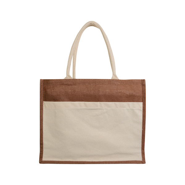 Jute Bag With Pvc Interior, Gusset, Long Handles And Outer Pocket - Brown