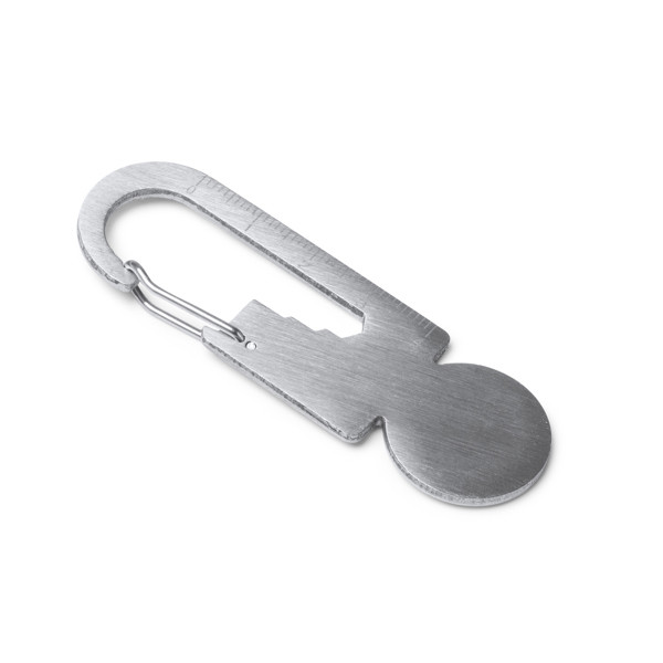 Personalised multi-tool keyring in stainless steel with carabiner and shopping cart coin