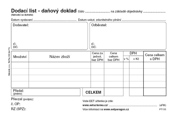 Dodací List - Daňový Doklad A6 - Eet