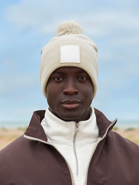 Appliqué Patch Pom Beanie - Ash / White