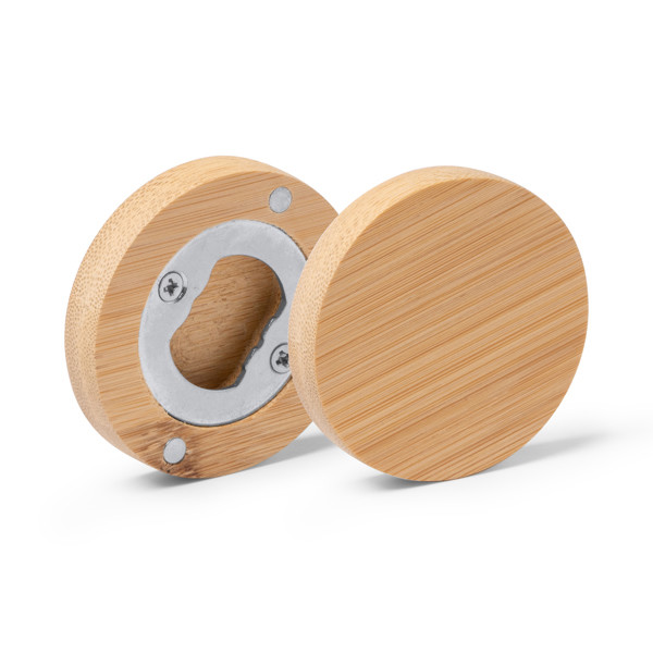 Personalised bamboo magnetic bottle opener with coaster function