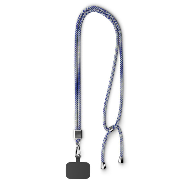 Moderno cordão cruzado para telemóvel em poliéster reciclado (rPET) de 2 tons - Branco / Dark Azure Blue / Acessórios prateados