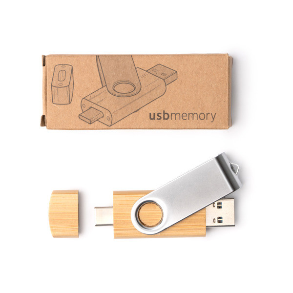 Personalised bamboo USB flash drive 32 GB with dual USB-A and Type-C connector