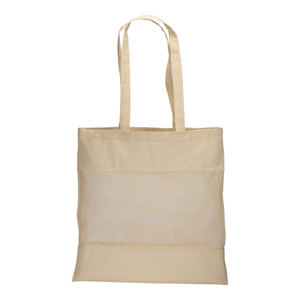 135 G/ M2 Natural Cotton Shopping Bag  With Net On The Central Part,  Long Handles