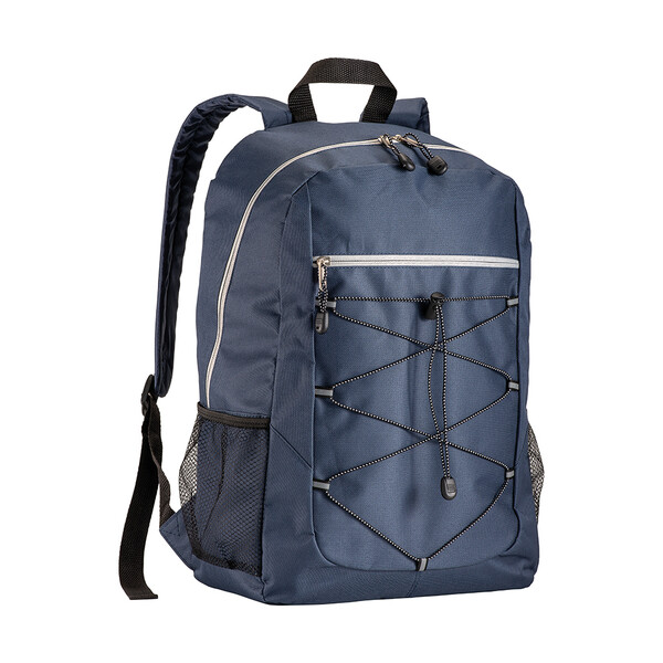 600D Polyester 4-Pocket Backpack (Two Mesh Side Pockets). Padded Straps And Back - Blue Grey