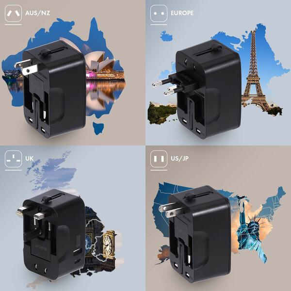 KOJIMA - ADAPTATEUR UNIVERSEL DE VOYAGE AVEC SORTIES USB-C ET USB-A - NOIR