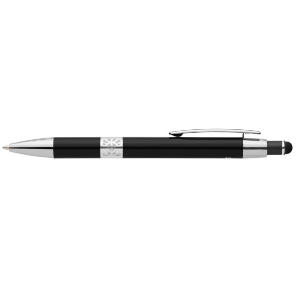 Stylo Adorn en aluminium recyclé avec finition chromée et stylet - Noir / Laser