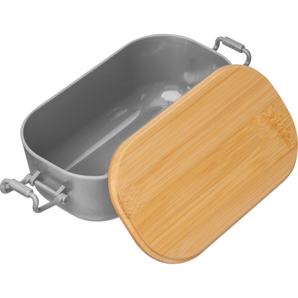 Lunchbox with bamboo lid and clamp closure. JAVIER - Silvergrey