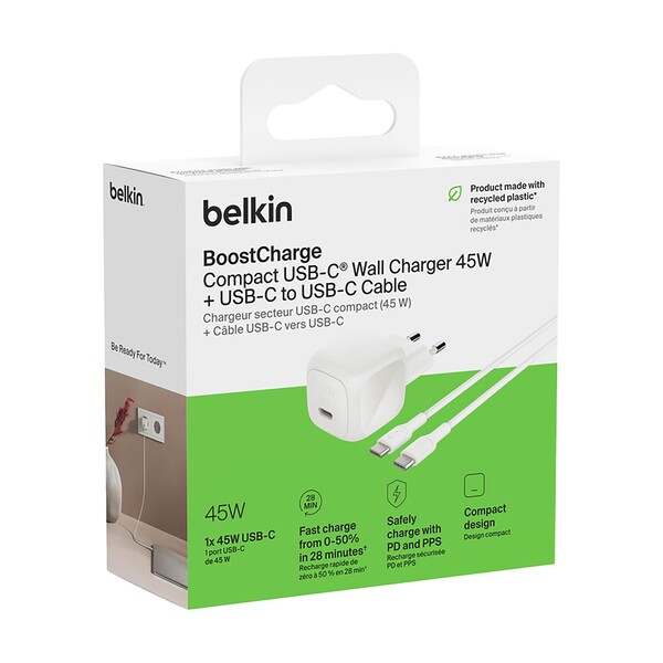 Belkin 45W USB PD Wall Charger with PPS and Cable - blanc