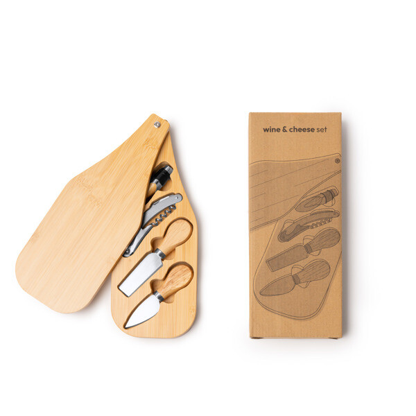 Set de queso y vino personalizado de acero inoxidable y bambú con estuche de madera