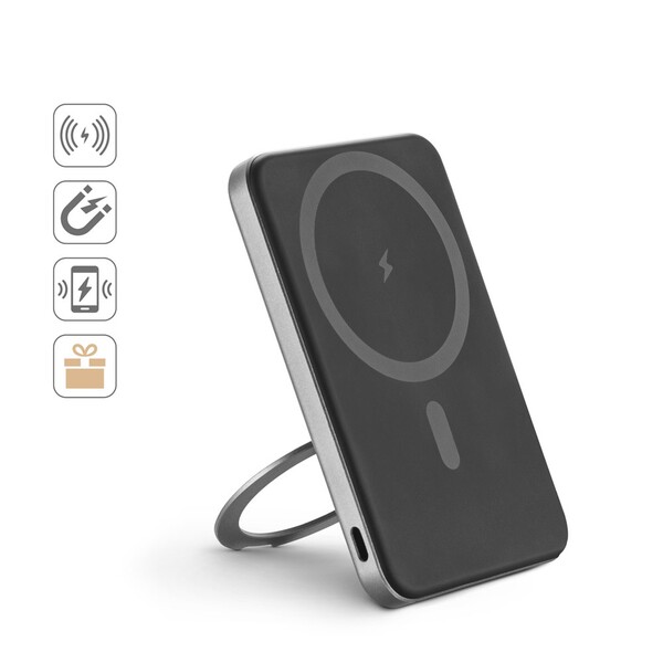 WARSHEL 5. Magnetski power bank kapaciteta 5'000 mAh s 15W superbrzim bežičnim punjačem, izrađen od recikliranog ABS-a (100 % rABS), s postoljem