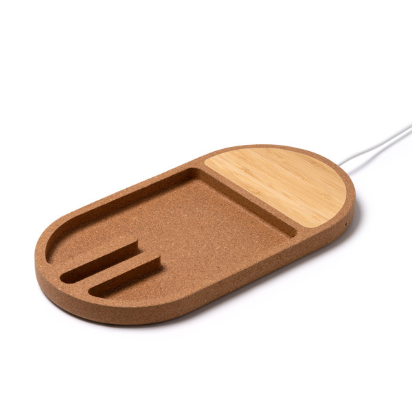 Organizador cargador inalámbrico personalizado de bambú y corcho 10W