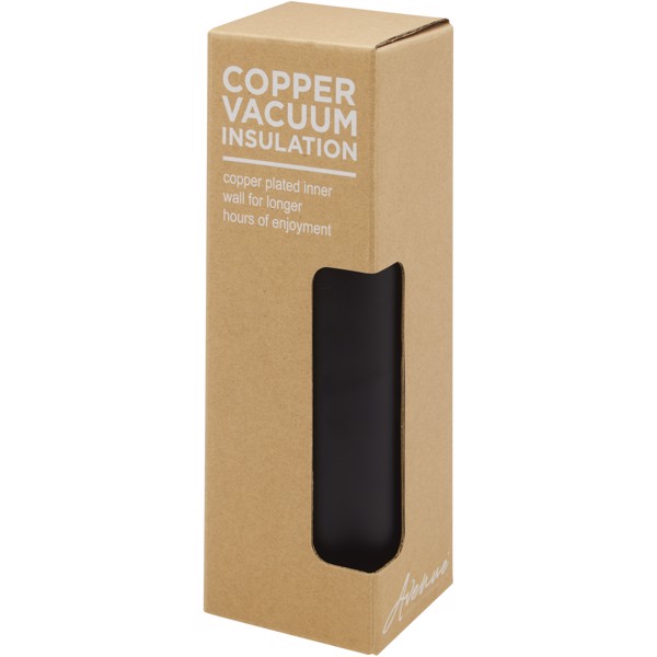 Ljungan 500 ml copper vacuum insulated stainless steel bottle with PU leather strap and lid - Black