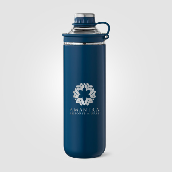 Bouteille Oasis avec couvercle et poignée en acier inoxydable recyclé - 680 ml - Bleu marine / Laser