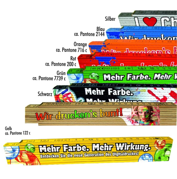 Zollstock 2 m „Der Bunte“ in 8 Farben, Buchenholz – inkl. 4-farbigem Digitaldruck