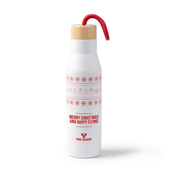 Personalised thermal bottle stainless steel 500 ml with bamboo lid and cotton handle