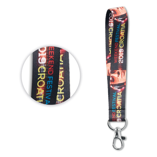 Korte, gesublimeerde band van fijn polyester - 20mm breedte / Metalen karabijnhaak