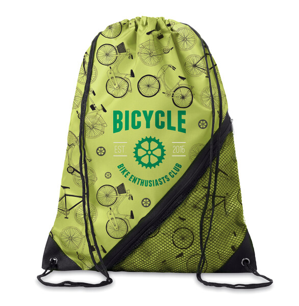 Full colour recycled PET drawstring bag with zipper and mesh pocket - Full colour