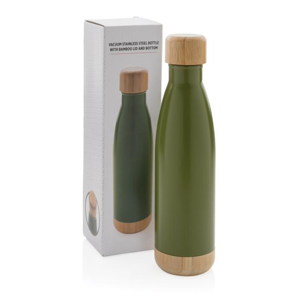 Vacuum stainless steel bottle with bamboo lid and bottom - Green