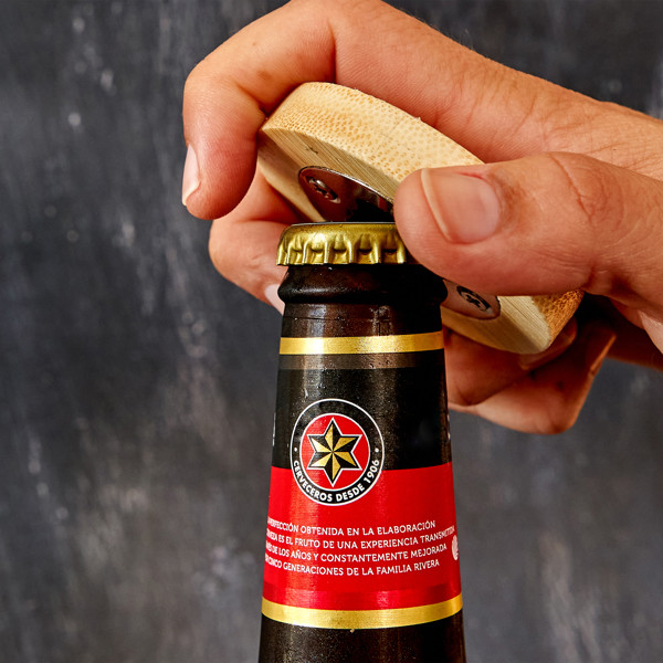 Personalised bamboo magnetic bottle opener with coaster function