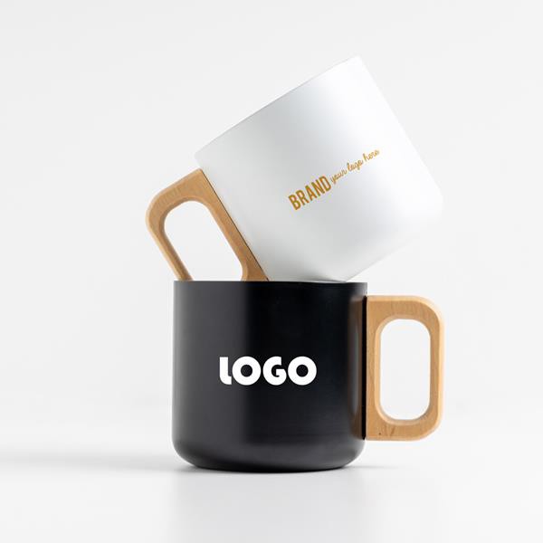 Tasse En Acier Inoxydable À Double Paroi De 350 Ml, Poignée En Bois - Blanche