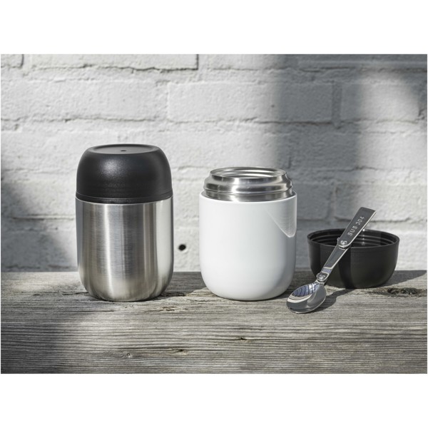 Supo 480 ml doppelwandiger Lunchpot aus recyceltem Edelstahl mit faltbarem Löffel - weiss