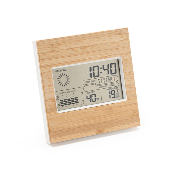 Estación meteorológica personalizada de ABS y bambú con reloj, alarma y sensor de temperatura y humedad