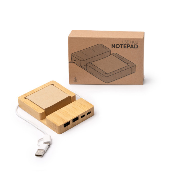 Cargador USB hub personalizado de bambú con portanotas y bloc de notas