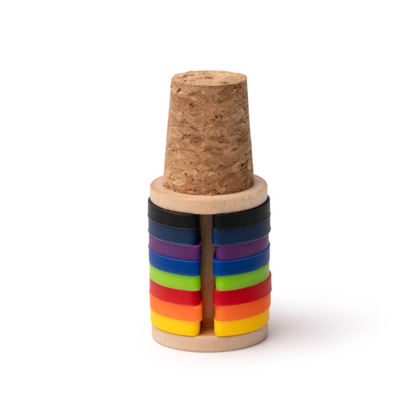 Personalized bottle stopper in cork and bamboo with silicone identifier rings