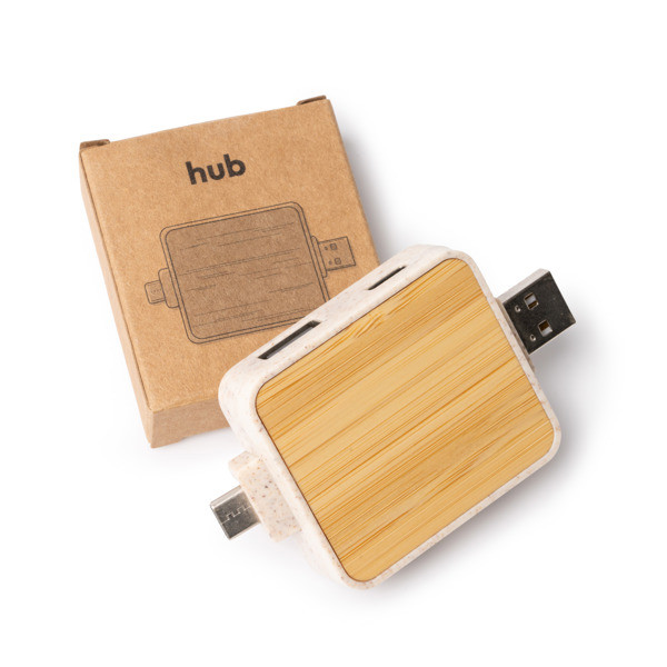 Hub USB personalizado de fibra de trigo y bambú con 4 puertos plegables