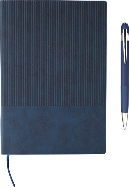 Gerecycled PU-notitieboek (A5) en balpenset Tarek - grijs