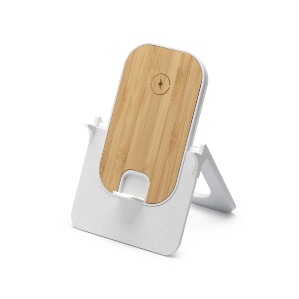 Cargador inalámbrico plegable personalizado de fibra de trigo y bambú 10W con soporte multiposición