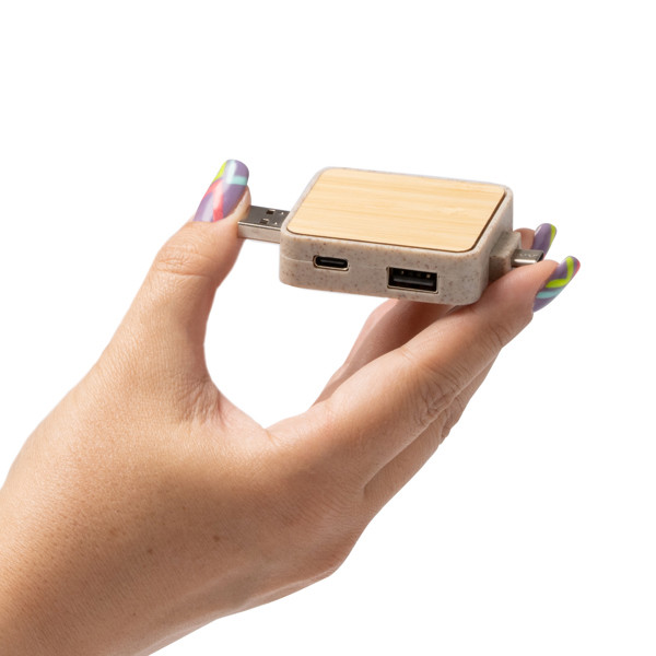 Hub USB personalizado de fibra de trigo y bambú con 4 puertos plegables