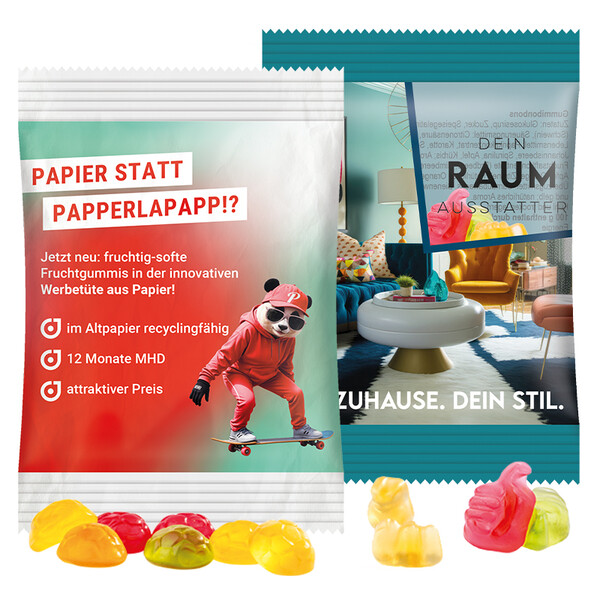 Mini bag 10g, compostable foil transparent, Trolli fruit jelly gums plane