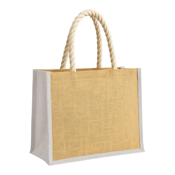 Jute Bag With Long Rope Handles And Coloured Inserts. With Gusset - White
