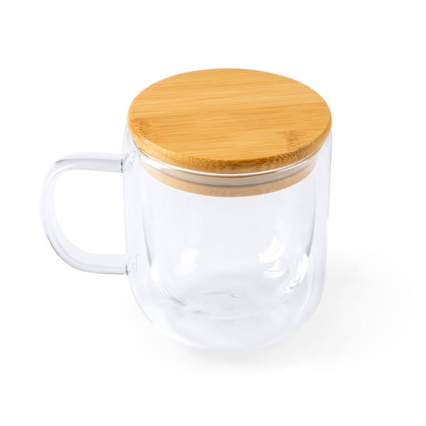 Double-wall personalised borosilicate glass mug 280 ml with bamboo lid