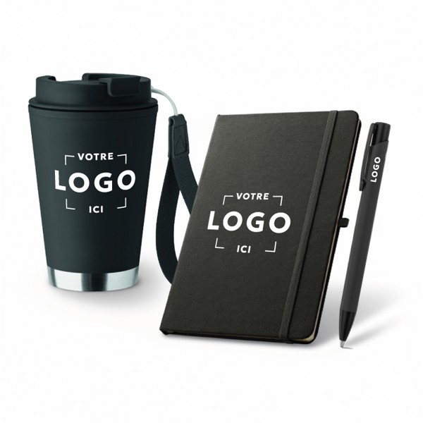 Kit de réception - Bloc-notes, tasse isotherme et stylo + impression