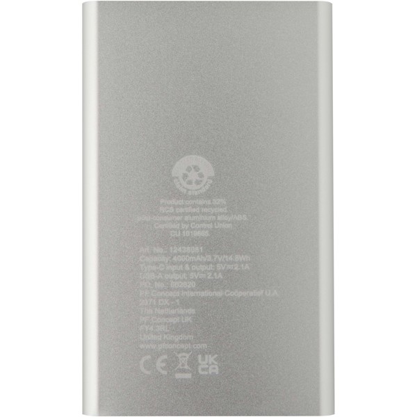 Pep 4000 mAh Type-C Powerbank aus recyceltem Aluminium - silber