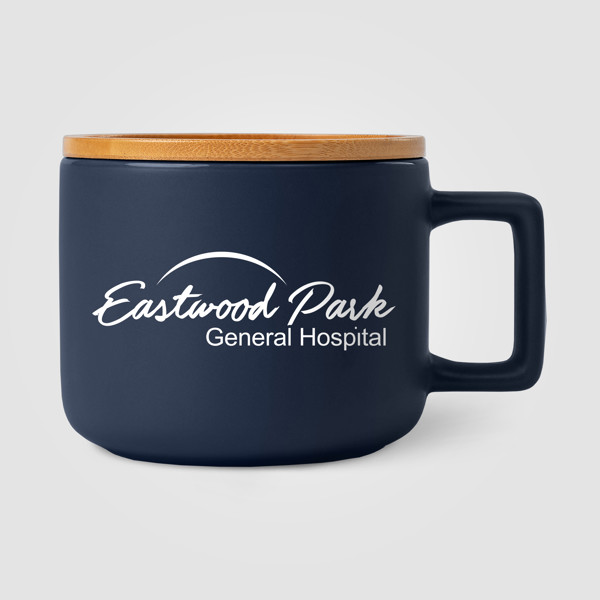 Café Virtuoso - 355 ml Tasse en céramique avec couvercle en bambou - Bleu marine / Sérigraphie