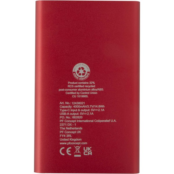 Power bank in alluminio riciclato da 4000 mAh tipo C Pep - Rosso